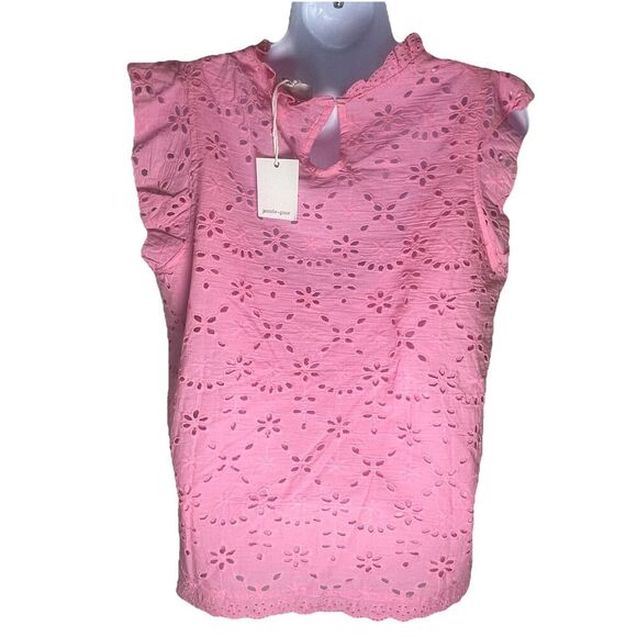 Jennifer & Grace Eyelet Flutter Sleeve Blouse Pink Medium NWT Keyhole Back - Picture 2 of 7